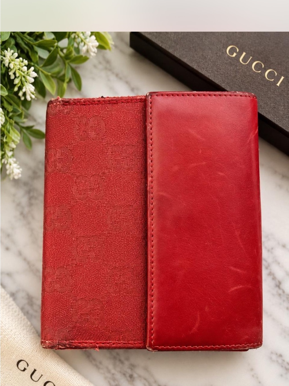 Gucci Red Leather and GG Canvas Card Holder